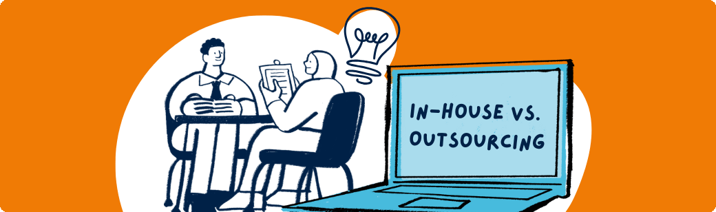 Illustration of two people discussing hiring options at a desk, representing decision business leaders face when scaling teams