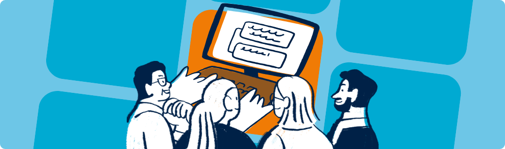 Illustration of multiple people looking at a laptop screen together, representing teamwork in web development outsourcing