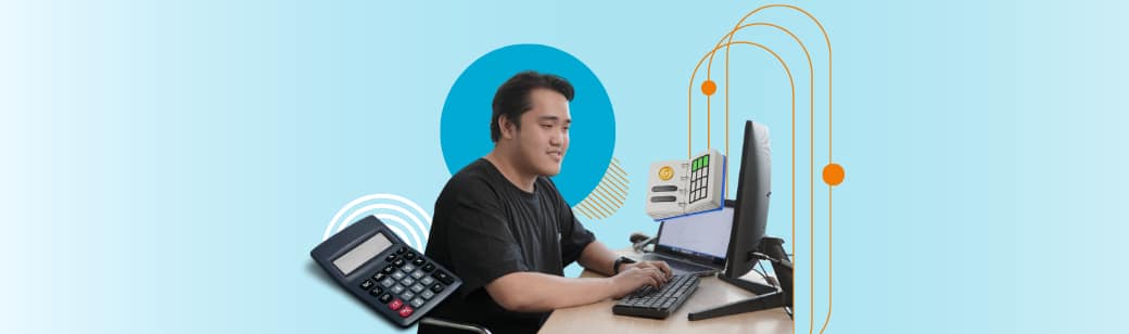 A bookkeeping virtual assistant in the Philippines working remotely on a computer, with a calculator and finance icons, representing modern offshore bookkeeping support.