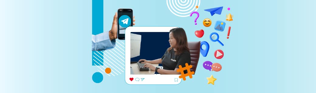 A woman at her desk working on social media content, surrounded by platform icons like Telegram, emojis, and notifications