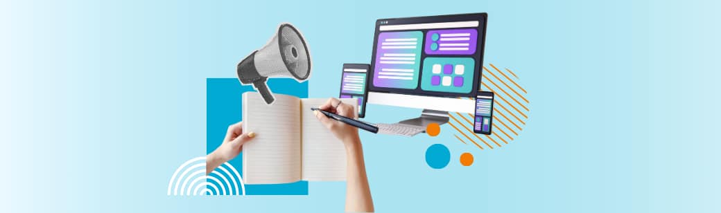 Hand writing on a notebook and laptop with content ideas