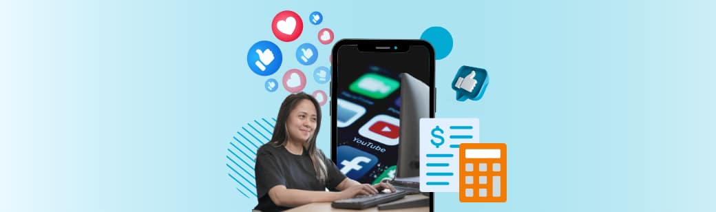 A smiling woman at a desk with a computer and phone displaying social media app icons