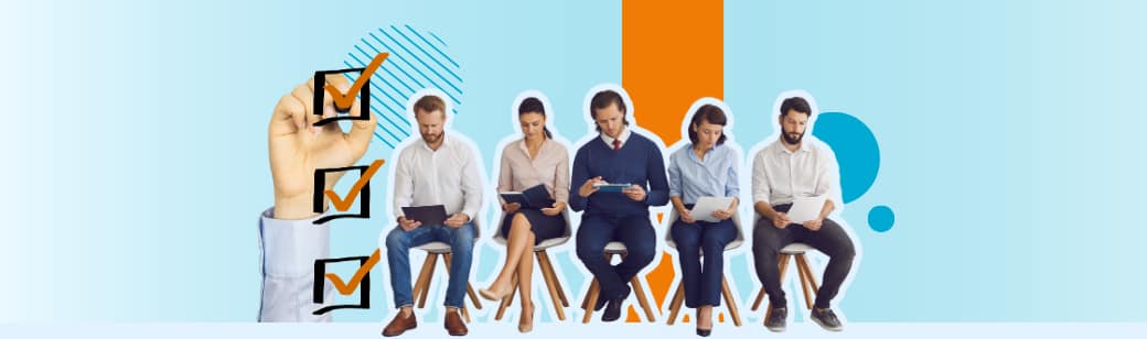 Visual of candidates with resumes, paired with a checklist graphic, representing the steps companies need before hiring offshore.