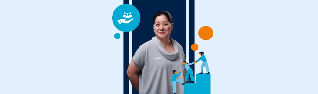 Photo of Katinca Tapia smiling with illustrated teamwork and support icons