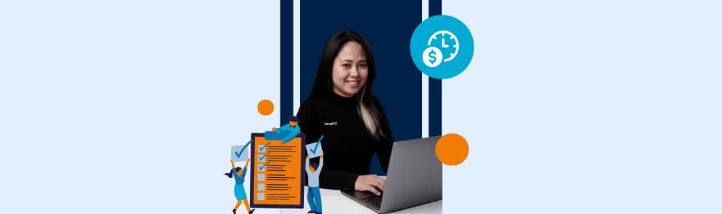 Collage featuring a virtual assistant working on a laptop with illustrated productivity icons.
