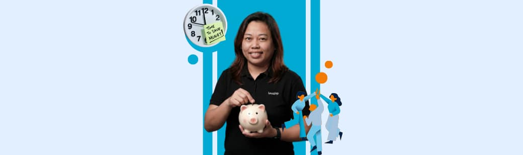 LevelUp team member holding a piggy bank with illustrated savings icons.