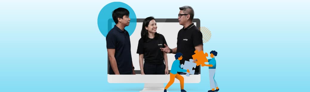 Team members talking, with an illustration of teammates assembling puzzle pieces.