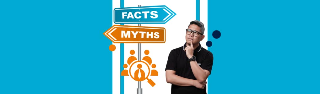 Illustration showing 'facts' versus 'myths' about outsourcing with a business leader considering offshore hiring