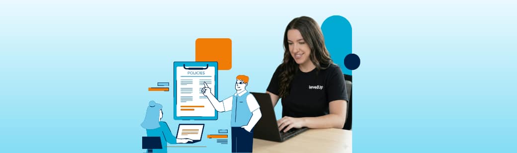 The featured image shows a professional woman working at a laptop alongside an illustration of a manager pointing to a "Policies" clipboard, symbolizing organized operational structure for distributed team management.