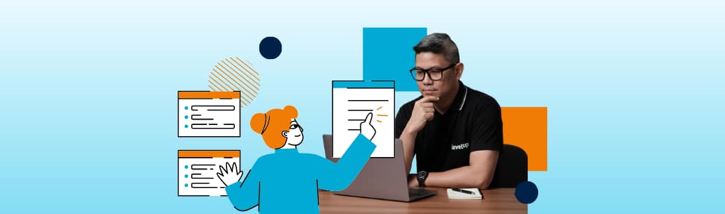 A manager with glasses looking thoughtfully at a digital dashboard and document, representing the oversight of a scaling offshore team.