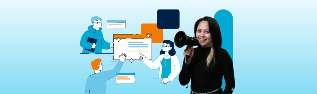 An illustration of a remote team collaborating around a digital dashboard, with a woman in the foreground holding a megaphone.