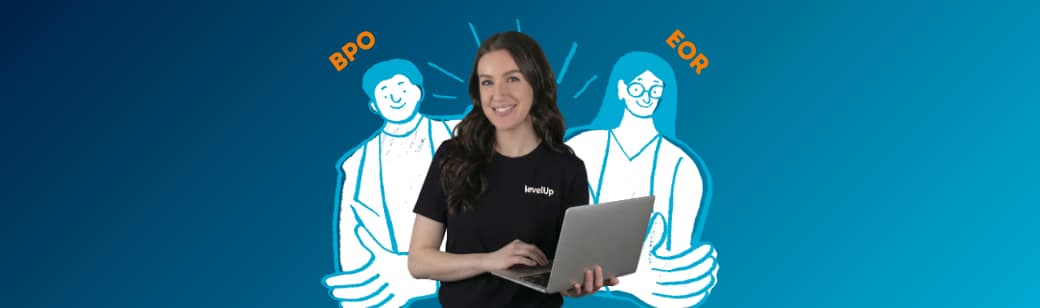 Professional holding a laptop, with BPO and EOR graphics behind her, representing a comparison of offshore hiring models.