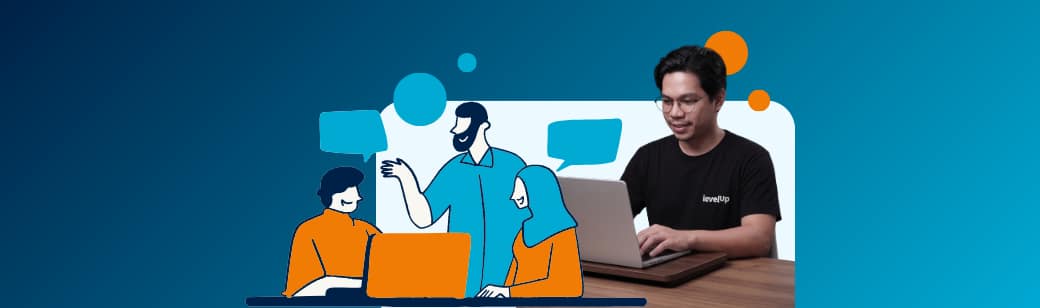 Professional working on a laptop beside an illustration of a team in discussion, representing offshore hiring and remote collaboration in the Philippines.