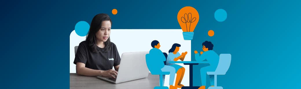 LevelUp team member working on a laptop beside an illustration of people in discussion, representing recruiting intake and offshore hiring planning.