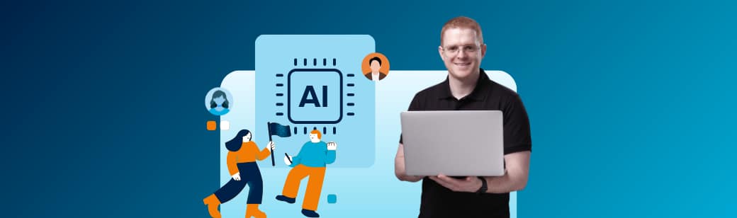 Business professional holding a laptop beside an AI chip graphic and illustrated workers, representing how AI is changing hiring while people continue to oversee business decisions.