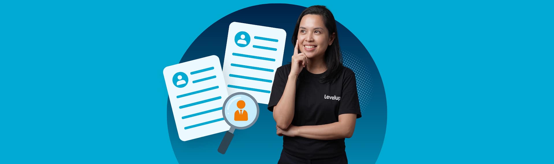 A LevelUp team member pointing thoughtfully near candidate profiles and a magnifying glass graphic for a solopreneur hiring guide