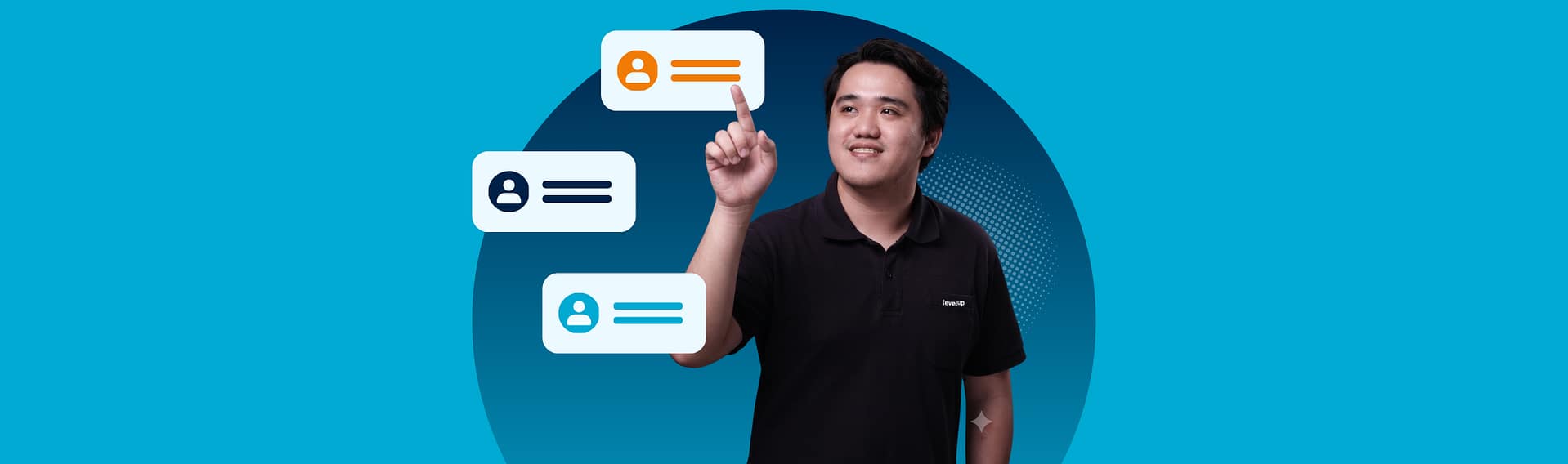 A LevelUp support specialist pointing to profile icons for a customer support guide.