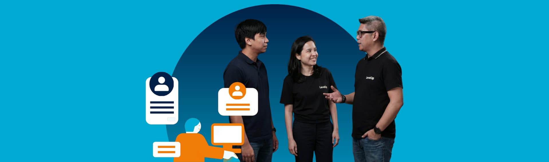 Three LevelUp recruitment specialists standing together against a blue background, engaging in conversation next to stylized profile and candidate icons