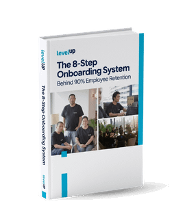 3D cover of LevelUp’s The 8-Step Onboarding System guide for offshore employee retention.