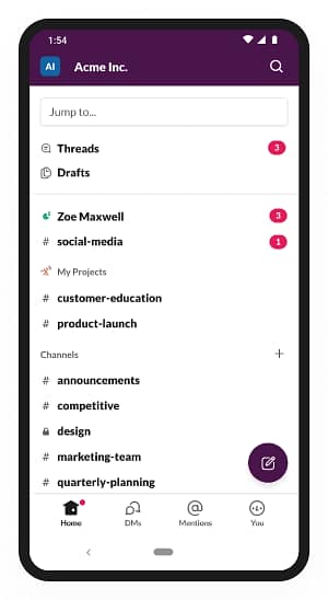 Mobile view of Slack interface showing threads and chats, highlighting its use for real-time team communication.