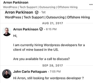 Screenshot of a LinkedIn message exchange between Arron and John