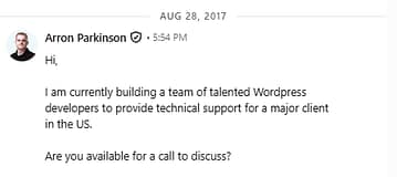 A screenshot of a 2017 LinkedIn message from Arron Parkinson offering a WordPress role. 