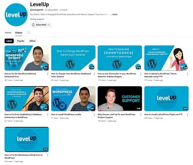 Screenshot of LevelUp’s YouTube page with WordPress tutorial thumbnails, including how-to videos on dashboard customization, shortcode usage, plugin installation, and common troubleshooting fixes.