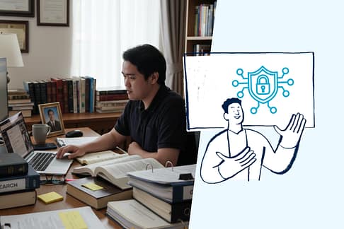 Offshore paralegal working on legal documents in a secure environment, illustrating data protection and security certification standards.