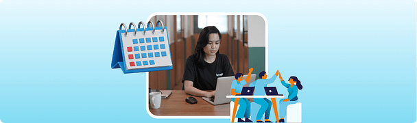 Remote employee working on a laptop with a calendar icon representing a structured 30-day onboarding plan