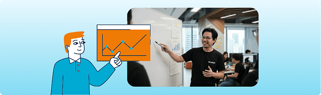 Professional presenting in an office beside a chart graphic, representing a three-year cost comparison for offshore hiring