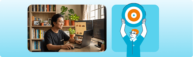 Professional working at a desk beside a target graphic, representing whether an agency is set up to support offshore hiring