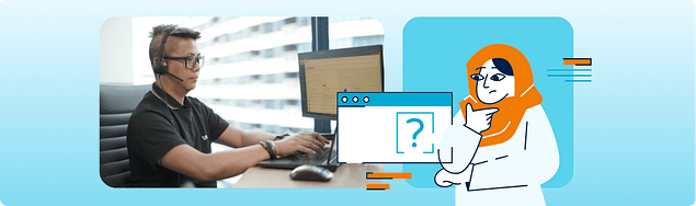 Professional working at a desk with headset, beside illustrated question graphics, representing different offshore hiring models