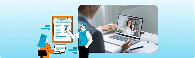 Professional on a laptop call beside hiring and planning graphics, representing the benefits of offshore hiring for agencies