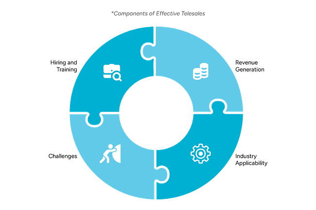 A circular infographic displaying the key components of effective telesales: Hiring and Training, Revenue Generation, Challenges, and Industry Applicability.