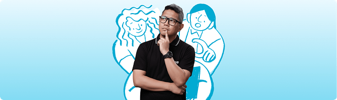 A man wearing glasses holds his chin in thought while two illustrated cartoon figures stand behind him on a light blue background, representing the decision-making process around choosing a BPO model for standardized, high-volume offshore work.