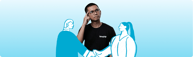 A man in a LevelUp branded shirt stands with his hand raised to his temple in a thoughtful pose, flanked by two illustrated figures, one wearing a headset and one in a blazer on a light blue background, representing an employer who directly manages their offshore EOR hires.