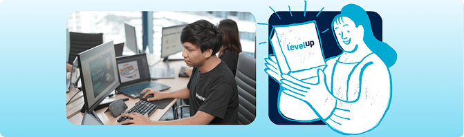 A two-panel image on a light blue background showing a LevelUp offshore team member working at a dual-monitor workstation on the left, alongside an illustrated figure cheerfully holding a LevelUp-branded document on the right, representing the company's role as an employer of record and long-term offshore hiring partner.