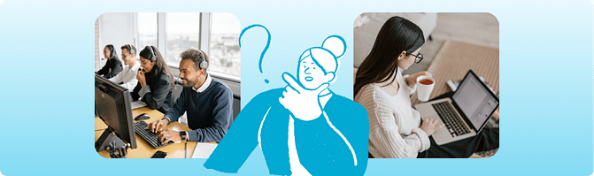 A three-panel composite image showing a call center team on headsets at computers on the left, a blue illustrated figure of a person thinking with a question mark in the center, and a woman working on a laptop with a coffee cup on the right, illustrating the contrast between managed BPO teams and directly managed EOR hires.