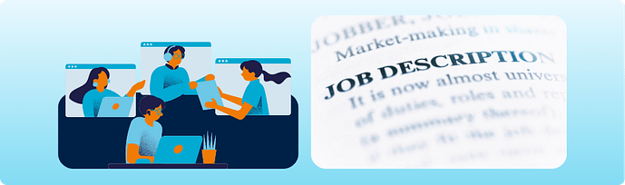 Why a job description is not enough Illustration of a team working together beside a close-up image of a job description, representing the gap between a job description and a full hiring brief.