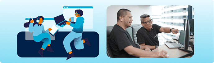 Why intake matters more in offshore hiring Two people working together at a computer beside an illustration of remote collaboration, representing the added coordination needed in offshore hiring.
