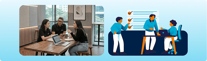 Evaluating offshore staffing partners LevelUp team members in a meeting beside an illustration of a checklist and hiring discussion, representing how companies assess offshore staffing partners.