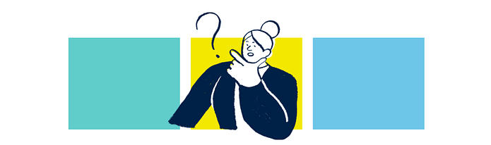 A woman with a questioning expression and a large question mark behind her