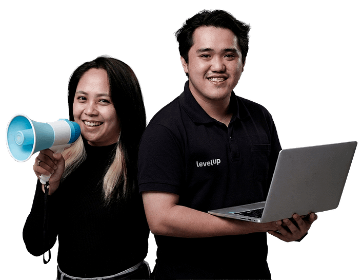 Two LevelUp team members standing together, one holding a megaphone and the other holding a laptop