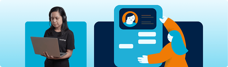 A recruiter wearing headphones reviews a candidate's profile card while conducting a live interview.