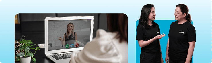 Split image showing a candidate on a live video interview call next to two colleagues in LevelUp shirts having an in-person conversation, representing what an interview is meant to uncover.