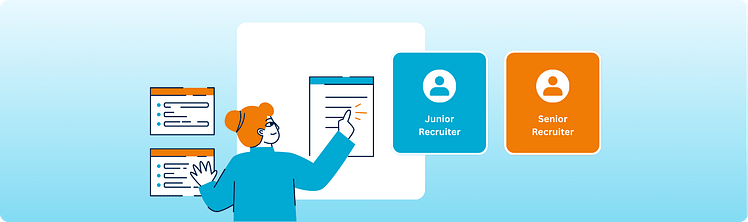 Vector illustration of a recruiter reviewing candidates alongside two comparative badges labeled Junior Recruiter and Senior Recruiter