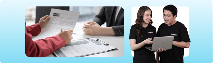 Close-up photo of a resume during a candidate interview paired with two LevelUp recruiters reviewing candidate details together on a laptop
