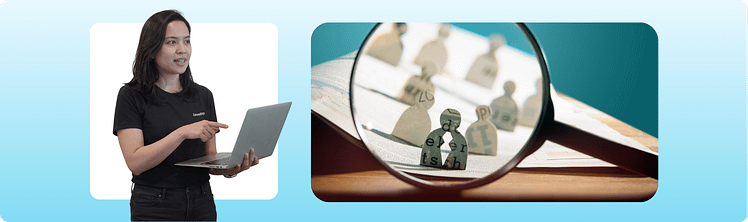 A LevelUp recruitment specialist holding a laptop next to a magnifying glass focused on paper cutout figures representing candidate sourcing