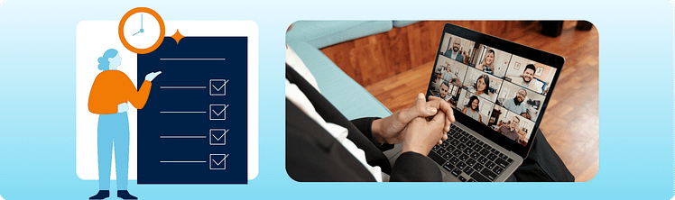 Graphic depicting a candidate screening checklist next to a photo of someone reviewing a video conference call on a laptop