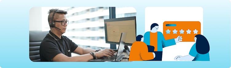 Side-by-side view of a customer support agent wearing a headset at a desk next to an illustration highlighting a five-star customer satisfaction rating.